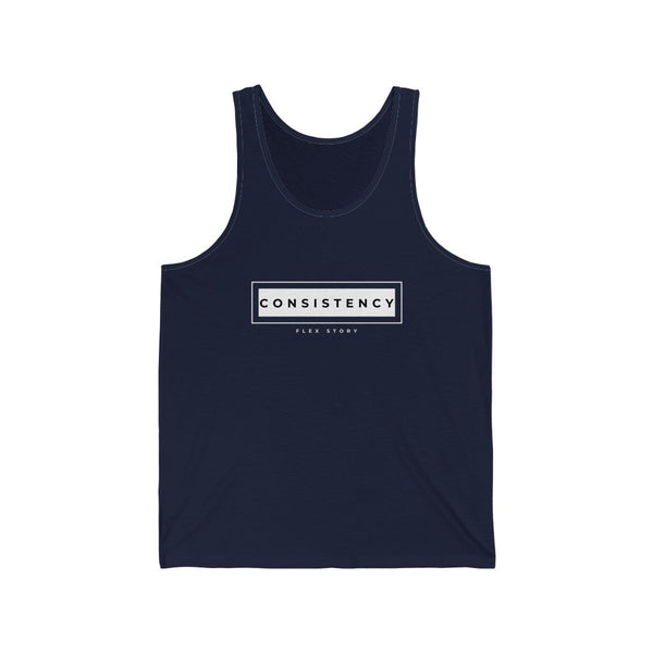 Consistency Fitness Tank Top | Consistency Quote Gym Tank Top | Motivational Mens and Womens Navy Tank Top with Graphics by Flex Story Streetwear Brand flexstoryhoodies